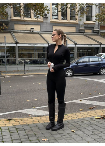 Комбинезон женский на флисе Style Point комбинезон-брюки однотонный чёрный повседневный, кэжуал дайвинг, флис