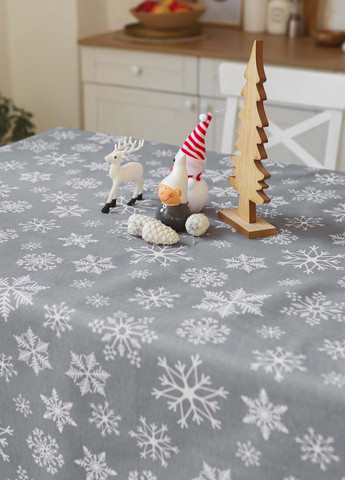 Новогодняя скатерть хлопковая "Снежинки белые (на сером)" 1.5м х 1.1м (кухонный стол) Homedec - (366734900)