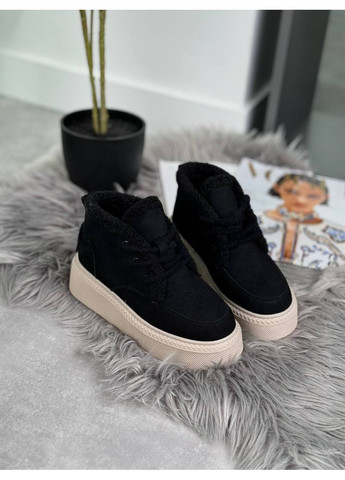 женские зимние ботинки maline, черные с бежевой подошвой, натуральная замша, на платформе с экохутром. No Brand