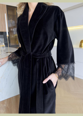 Велюровий жіночий халат з французьким мереживом Чорна перлина Vakko (281820365)