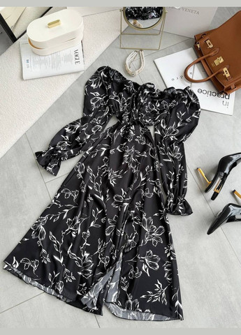 Черное повседневный женское платье с шолка с открытыми плечами, с корсетом Україна с цветочным принтом