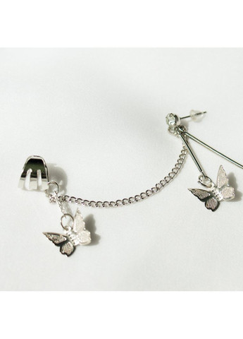 Серьга с каффой на цепи пуссет с несколькими кавай бабочками клипса современный корейский серебристый на ухо coquette лолита No Brand (366237410)