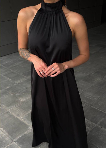 Черное повседневный изысканное легкое летнее шелковое свободное макси платье без рукавов с открытой спиной с открытой спиной Tik-Tak однотонное