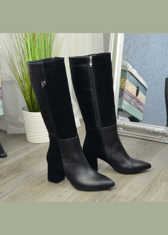 Чоботи жіночі чорні на стійкому підборі, натуральна шкіра та замша. 40 розмір Vasha para (303931805)