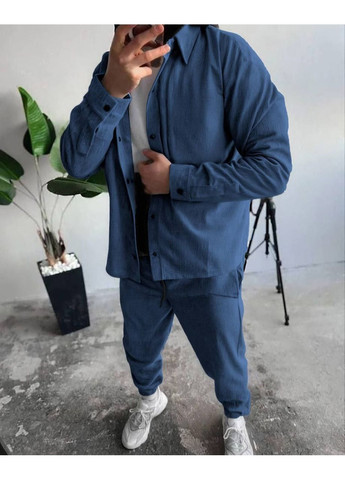 Синій демісезонний костюм чоловічий мікровельвет туреччина,сорочка на кнопках та штани на резинці Україна