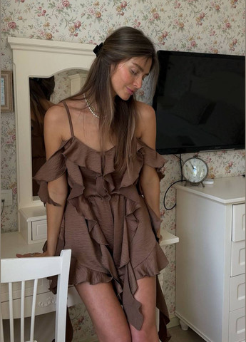 Сатиновий комбінезон з воланами Україна комбінезон-шорти однотонний коричневий святковий, повсякденний, кежуал, коктейльний сатин