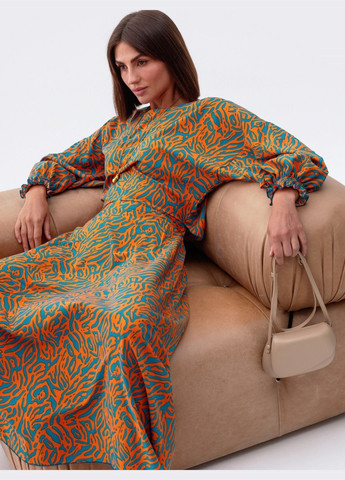 Бирюзовое кэжуал длинное шёлковое платье с принтом бирюзовое Dressa