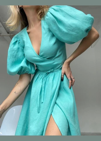 М'ятна лляний жіночий сарафан на запах No Brand
