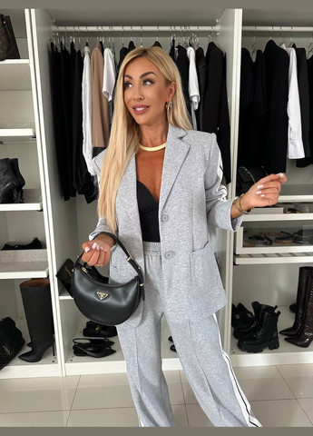 Серый брючный костюм двойка из двухнитки (пиджак+штаны с лампасами), стильный демисезонный костюм без подкладки No Brand 5698 (302879051)