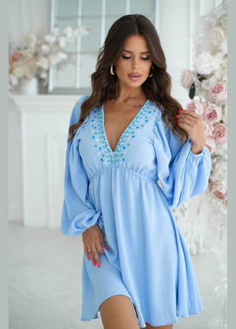 Голубое женское платье с вышивкой из американского крепа No Brand