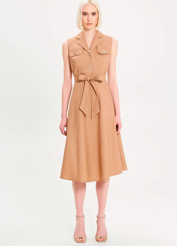 Бежевое повседневный, праздничный, коктейльное, кэжуал, вечернее миди платье а-силуэт Rinascimento однотонное