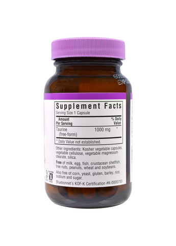 Таурин 1000мг,, 50 гелевих капсул Bluebonnet Nutrition (326055349)