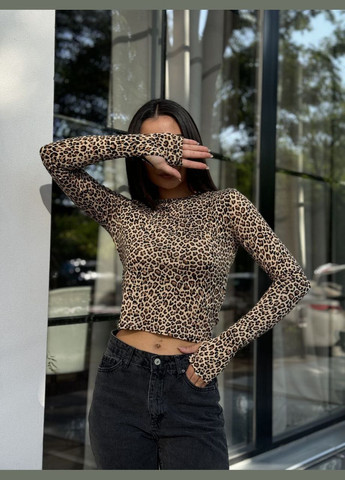 Тигровый лонгслив с вырезом для пальчика на рукавах бежевый You Best (301474770)