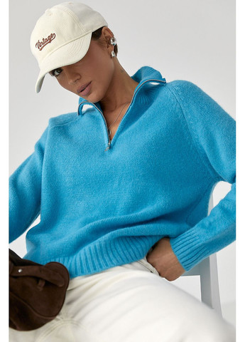 Голубой зимний женский свитер на молнии с широким воротником-поло Lurex