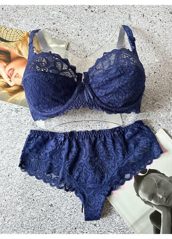 Синий женское нижнее белье, кружевной комплект трусики и бюстгальтер на чашку c синий Lanny Mode