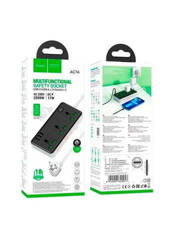 Мережевий фільтр — подовжувач зарядне AC7A 3 розетки 4 порти usb 1.5 метра чорний із білим Hoco (280916181)