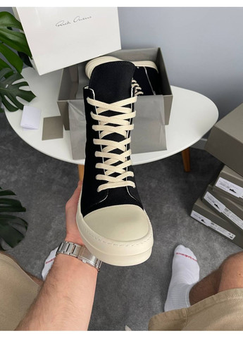 Черно-белые демисезонные кроссовки мужские rick owens drkshdw ramones high black milk premium | рик оуэнс рамоунс премиум черно-белые No Brand