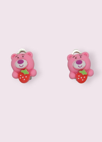 Серьги клипсы детские для ушей без пробивания Розовый медвежонок со спелой клубничкой в лапах Liresmina Jewelry (285111037)