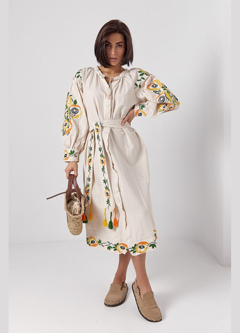 Бежевое вышитое хлопковое платье на пуговицах Lurex