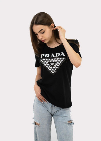 Черная летняя футболка женская летняя с рисунком с коротким рукавом Prada