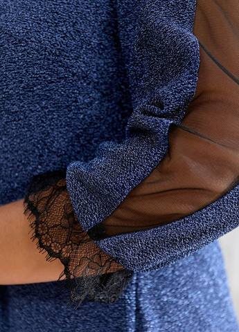 Светло-синее праздничный, коктейльное, вечернее платье праздничное с люрексом и кружевом оверсайз, а-силуэт No Brand однотонное