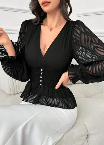 Чёрная блузка женская на запах укороченная с полупрозрачными рукавами No Brand