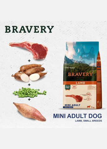 Сухий корм для собак дрібних порід Lamb Mini Adult з ягням, 7 кг (*) Bravery (304547699)