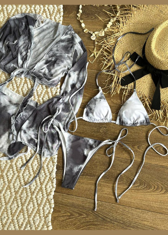 Чорний комплект 4в1: жіночий рроздільний купальник бікіні + болеро + парео ink синьо-білий No Brand