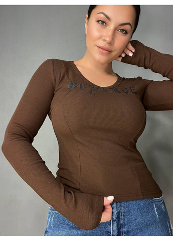 Лонгслів жіночий A-N 25079 рубчик реглан v-виріз з написом принт корсетні шви one size No Brand (317226796)