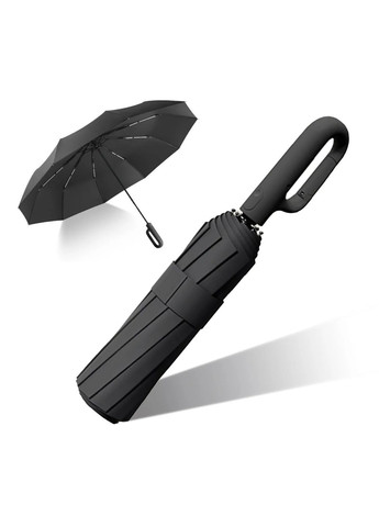 Чёрный прочный зонтик автоматический с антиветровыми спицами и ручкой-кольцом. (364273188)