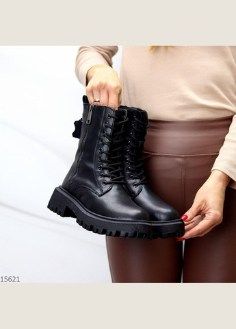 Шкіряні зимові черевики з натуральним хутром на шнурівках та змійкою, чорні високі черевики No Brand (366704502)