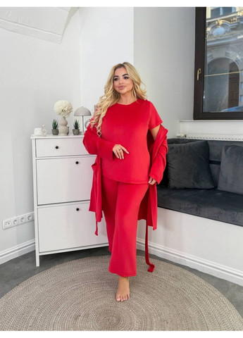 Красная женский велюровый домашний костюм тройка Osoblyva