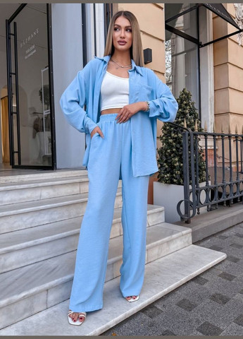 Голубой демисезонный брючный костюм из креп жатки No Brand