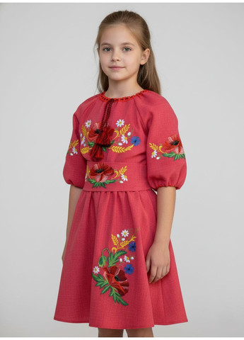 Красная красное вышитое платье для девочки колосок-василёк НоКо узор орнамент габардин (370886115)