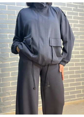 Костюм женский 99231 ткань бифлекс кардиган на молнии наложеные карманы и брюки палаццо графит Crep (314822893)