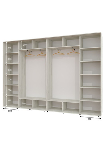 Шкаф-купе четырехдверный 360*45*240 см Дуб крафт белый 4 двери ДСП + Зеркало + Зеркало + ДСП ШК-02 Алекса (360477016)