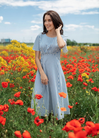 Голубое повседневный льняное платье в полоску колокол No Brand в полоску