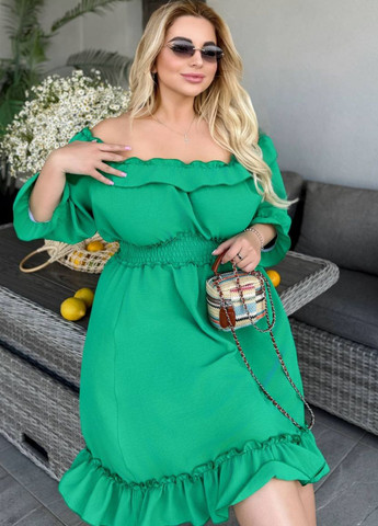 Зеленое повседневный платье до колена с оборками а-силуэт Україна однотонное