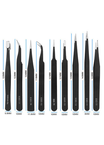 Набір пінцетів 9 в 1 TE-A043 антистатичний ESD, прецизійний, прямий, вигнутий No Brand (322567741)