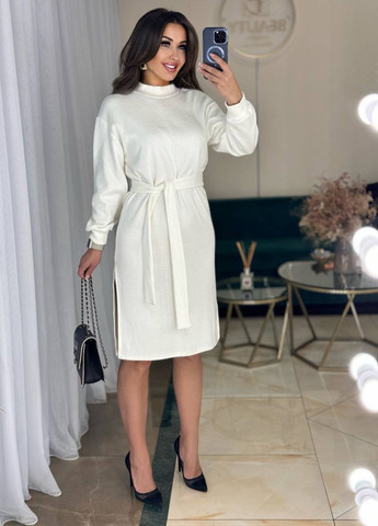 Молочное повседневный миди платье с разрезами и поясом Allthings меланжевое