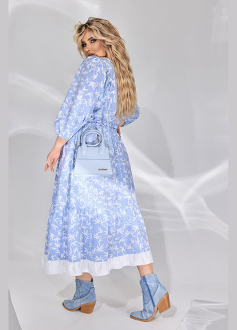 Голубое повседневный приталенное платье с воланом колокол No Brand с цветочным принтом