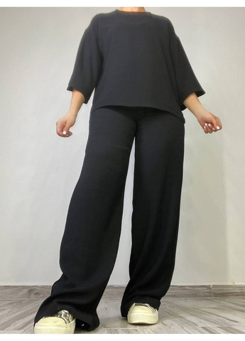 Костюм женский 1005-0712 жаткая рубашка короткий рукав разрезы и брюки палаццо черный Clew (324019771)