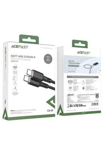 Кабель Type-C to Type-C 3A, 60W, 1.2m, silicone, zinc connectors, Black Acefast C2-03 (340279624)