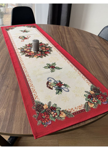 Новорічна гобеленова червона доріжка на стіл, настільна доріжка ранер новорічний з золотим люрексом Maystat (369505165)