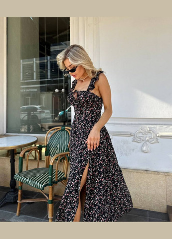 Черное праздничный, повседневный, кэжуал женское платье FINO Mode с цветочным принтом