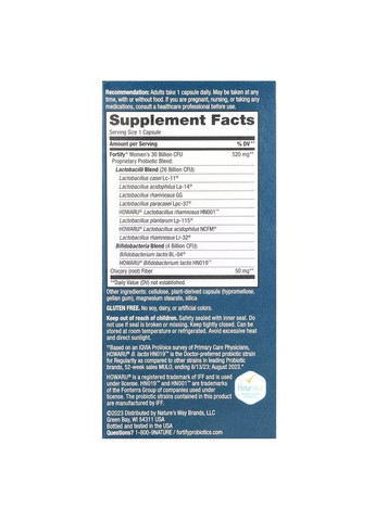 Пробиотики и пребиотик для женщин, 30 млрд КОЕ, Fortify, Women's Probiotic + Prebiotics, 30 вегетарианских капсул Nature's Way (327878644)