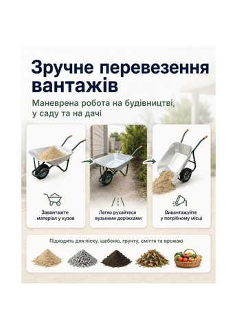 Тачка будівельна одноколісна садова для дачі городу оцинкована металевий візок для перевезення вантажів ручна тачка Dozer (402043215)