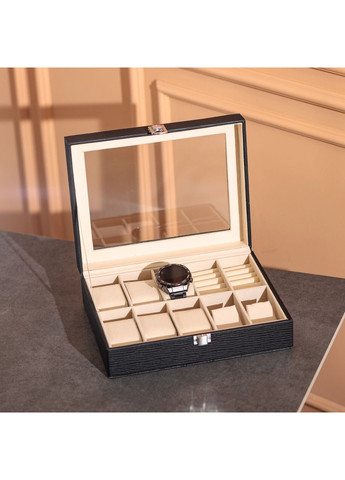 Скринька для прикрас з екошкіри із дзеркалом органайзер для ювелірних виробів чорна стильний контейнер для коштовностей ProDobro (364191612)