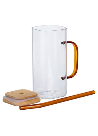 Чашка скляна 400 мл з бамбуковою кришкою та скляною трубочкою, коричневий Yiwu (369667393)