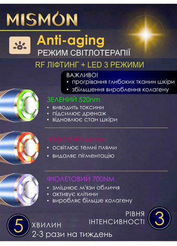 Масажер мікрострумовий RF + EMS + ультразвук + LED антивіковий догляд, омолодження & відновлення шкіри обличчя MISMON Beperfect MS-318C (322196869)